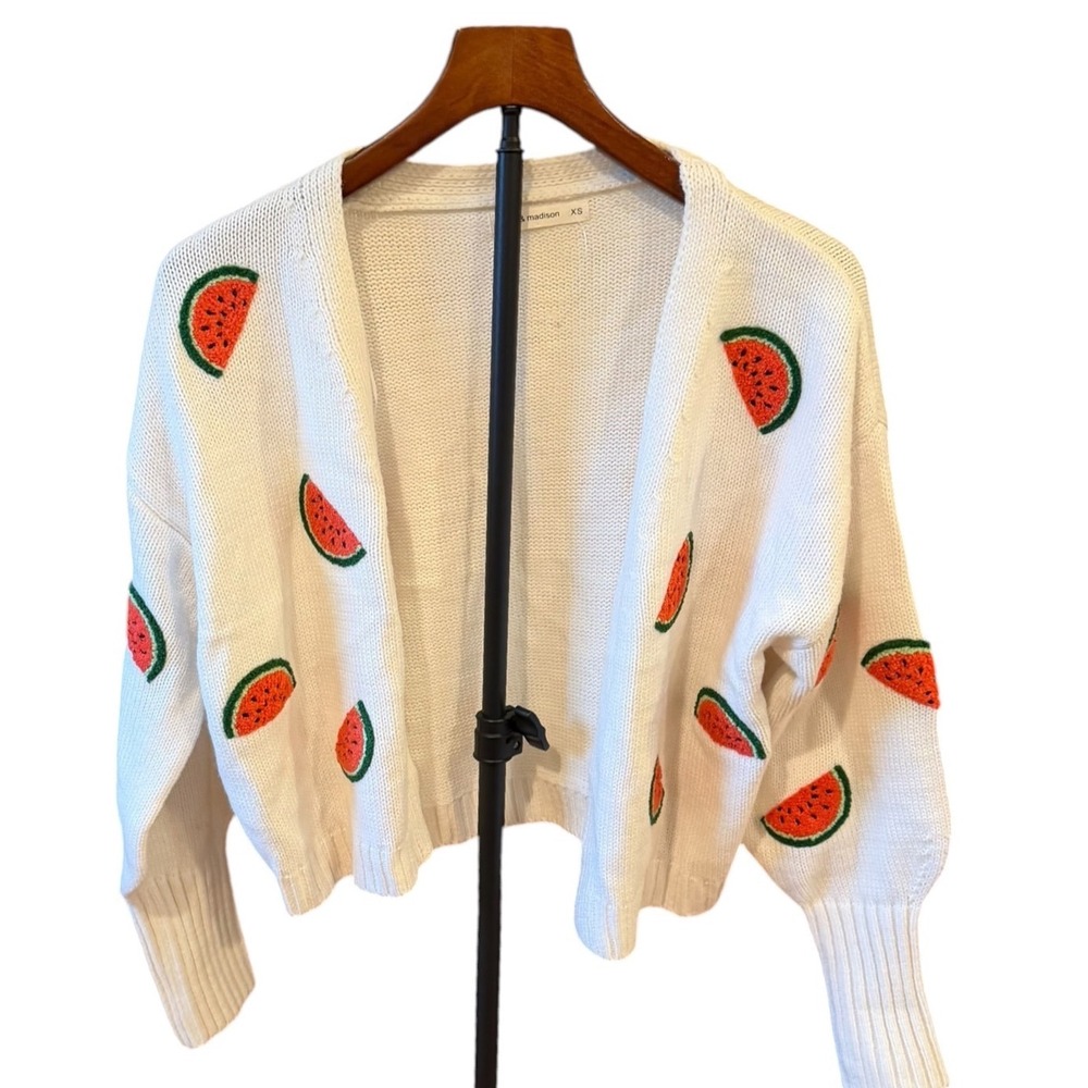 Moon & Madison Watermelon Embroidered Open Front Cardigan White XS playful prep